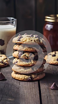 Stack of homemade chocolate chip cookies on wooden table, digitally generated