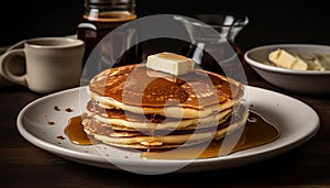 Stack of homemade pancakes with butter, syrup, and fresh fruit generated by AI