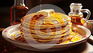 Stack of homemade pancakes with fresh fruit and syrup generated by AI