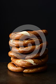 Stack homemade soft baked pretzels