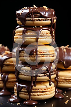 Stack of Indulgent Chocolate Brown Macarons on Dark Background, Closeup.