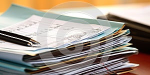 A stack of insurance claim forms, displayed against an organized, paperwork-focused background, concept of Documentation