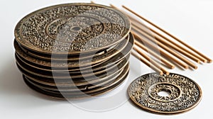 A stack of intricately designed circular discs made of bronze are shown next to a set of wooden dowels used in ear