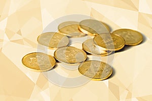 Stack of isolated bitcoin blockchain coins on geometric texture background