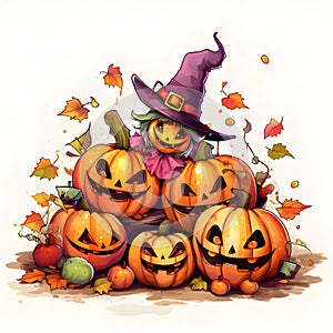 A stack of jack-o-lantern pumpkins, some wearing witch hats and falling leaves, a Halloween image