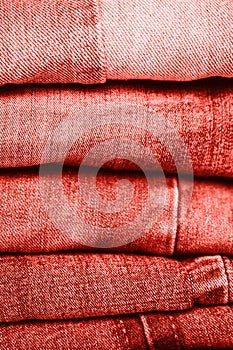 Stack of jeans on table. Zero vaste concept