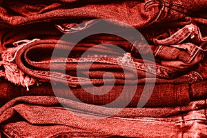 Stack of jeans on table. Zero vaste concept