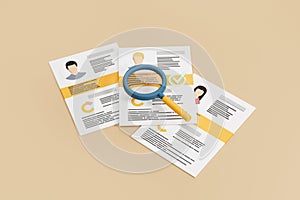 Stack of job applications with magnifying glass