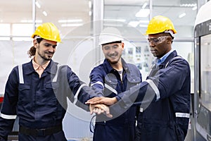 stack join of hand, successful engineer technician teamwork. team engineering agreement connection partnership success project