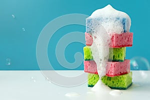 Stack of kitchen cleaning sponges with soap bubbles on blue background. Front view