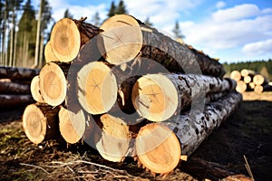 Stack of large cut timber logs close up. Timber logging image.