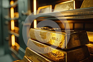 Stack of large gold bars in vault of bank is protective environment