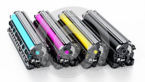 Stack of laser printer CMYK toners. 3D illustration