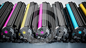 Stack of laser printer CMYK toners. 3D illustration