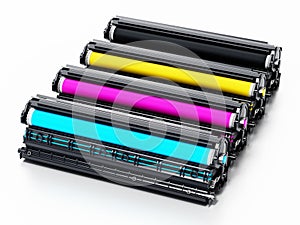 Stack of laser printer CMYK toners. 3D illustration