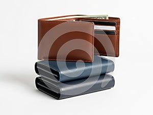 Stack of leather wallets isolated on white background