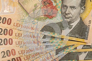 Stack of LEI Romanian money. RON Leu Money European Currency 200 lei banknotes