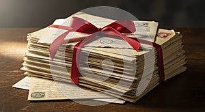 Stack of letters tied with ribbon