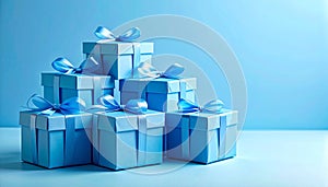 Stack of Light Blue Gift Boxes Tied with Blue Ribbons on a Light Blue Background (1110