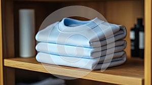 Stack of Light Blue T-shirts Folded on Wooden Shelf