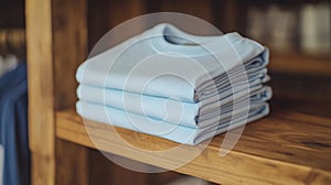 Stack of Light Blue T-shirts on Wooden Shelf