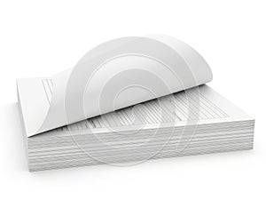 Stack of lined paper with open sheet isolated on white background