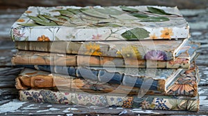 A stack of linenbound journals each with unique covers showcasing pressed flowers and leaves found in alpine meadows.