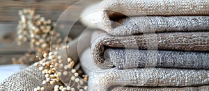 Stack of linens on wooden table photo