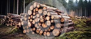 A stack of logs made from tree trunks in a wooded area