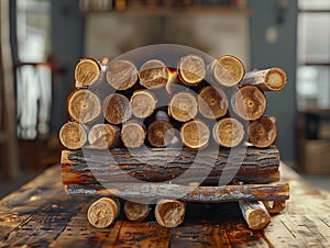 A stack of logs on top of a wooden table