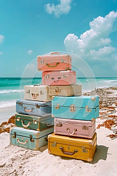 A stack of luggage is piled on top of each other on a beach. Generative AI