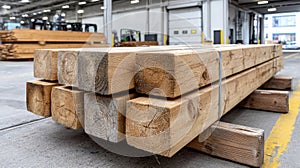 Stack of lumber planks in warehouse ready for construction use.