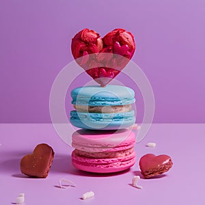 Stack of macarons crowned with heart shaped delicacy, a sweet ensemble