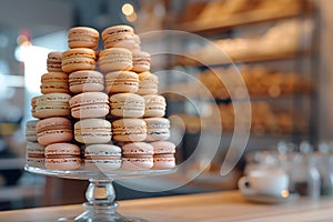 Stack of macarons on display at bakery, a delicious baked goods. Almond sandwich cookies in various colors and flavors, known as