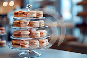 Stack of macarons on display at bakery, a delicious baked goods. Almond sandwich cookies in various colors and flavors, known as