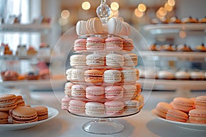 Stack of macarons on display at bakery, a delicious baked goods. Almond sandwich cookies in various colors and flavors, known as