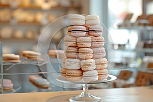Stack of macarons on display at bakery, a delicious baked goods. Almond sandwich cookies in various colors and flavors, known as