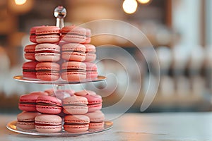 Stack of macarons on display at bakery, a delicious baked goods. Almond sandwich cookies in various colors and flavors, known as