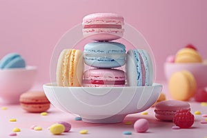 Stack of macarons on pink table, a sweet treat in magenta serveware