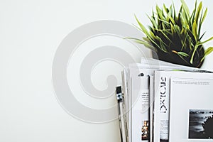 Stack of Magazines with Green Plant in Background