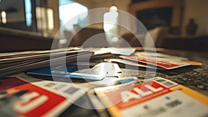 A stack of magazines and promotional flyers on a table