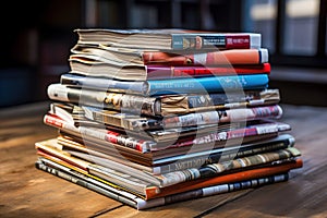 A stack of magazines sitting on top of a wooden table