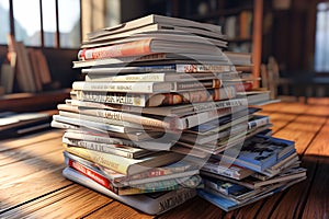 A stack of magazines sitting on top of a wooden table
