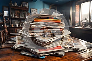 A stack of magazines sitting on top of a wooden table