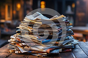 A stack of magazines sitting on top of a wooden table