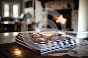 A stack of magazines on a wooden table in front of a fireplace
