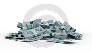 Stack of Maldivian rufiyaa notes isolated on white background. Bundles of rufiyaa notes photo