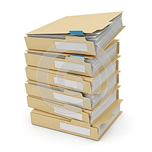 Stack of manila folders with documents isolated on white background