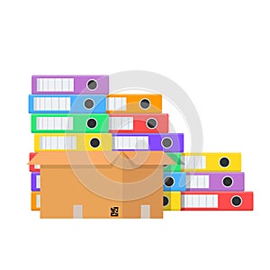 Stack of many color document folders and cardboard box for design on white, stock vector illustration