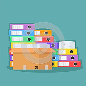 Stack of many color document folders, paper and cardboard box for design, stock vector illustration